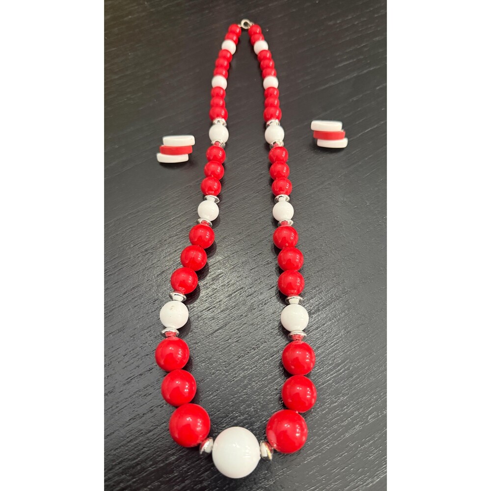 Vintage Red and White Bead Necklace with Matching Earrings